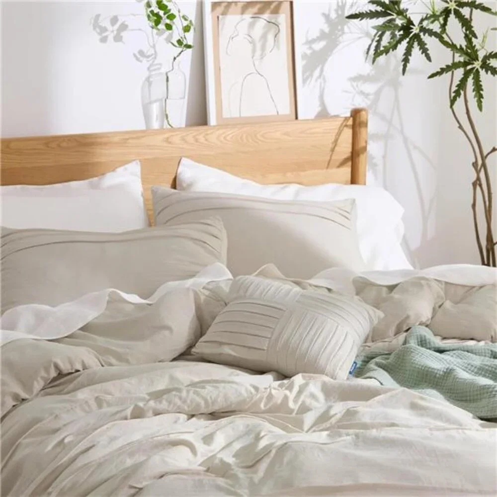 Queen Comforter Set - 4 Pieces Pinch Pleat Bed Set, Beige Boho Bedding